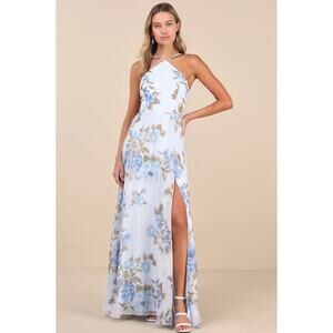 Lulus NWOT Romantic Marvel Light Blue Floral Print Halter Neck Maxi Dress Small